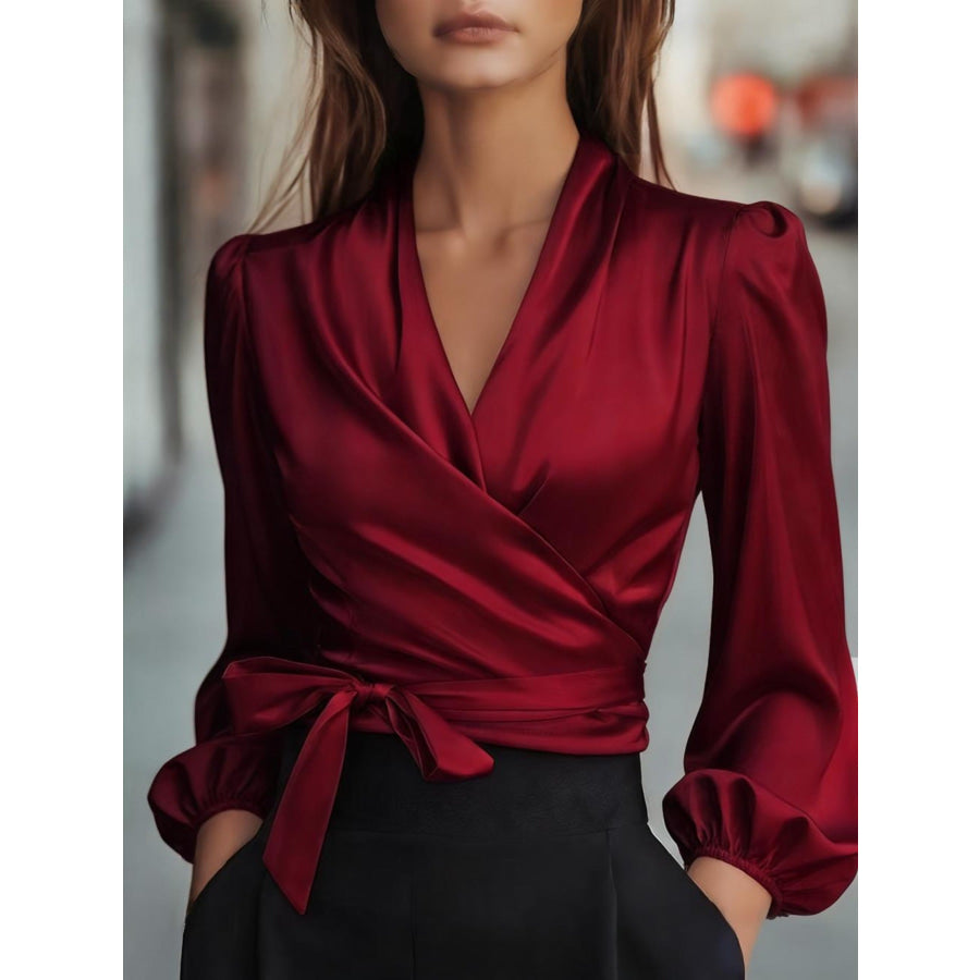 Satin Tie Waist Wrap Blouse Burgundy / S Apparel and Accessories