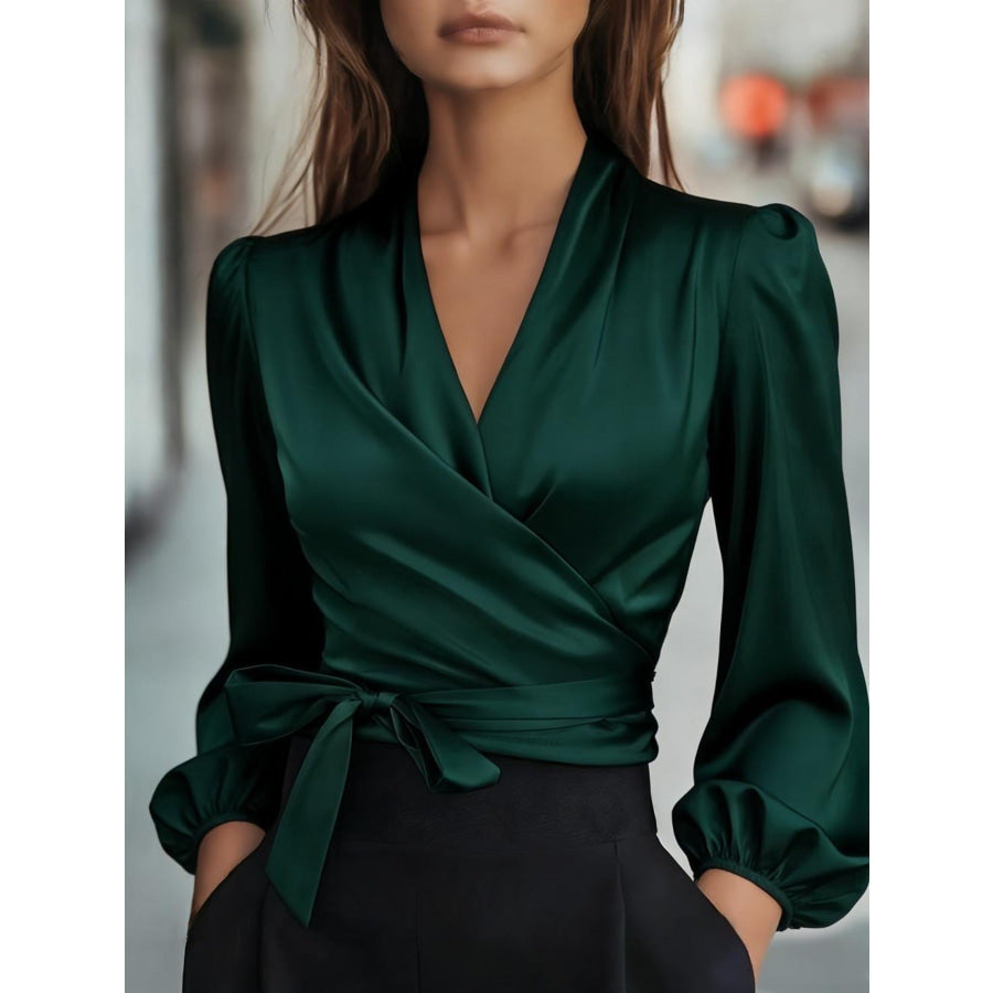 Satin Tie Waist Wrap Blouse Dark Green / S Apparel and Accessories
