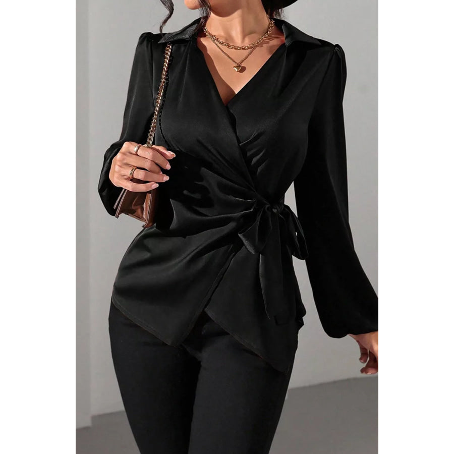 Satin Tied Detail Long Sleeve Blouse Black / S Apparel and Accessories