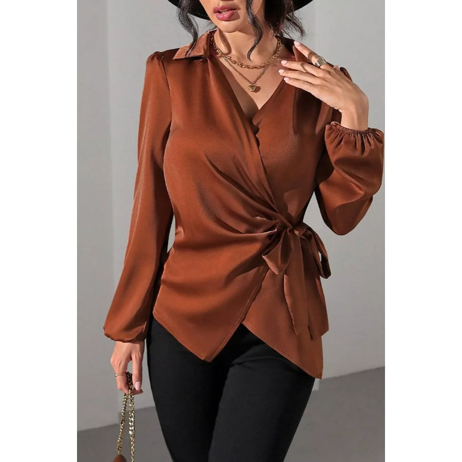 Satin Tied Detail Long Sleeve Blouse Brown / S Apparel and Accessories