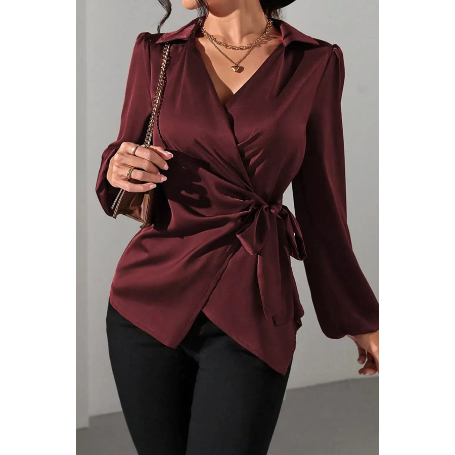 Satin Tied Detail Long Sleeve Blouse Burgundy / S Apparel and Accessories