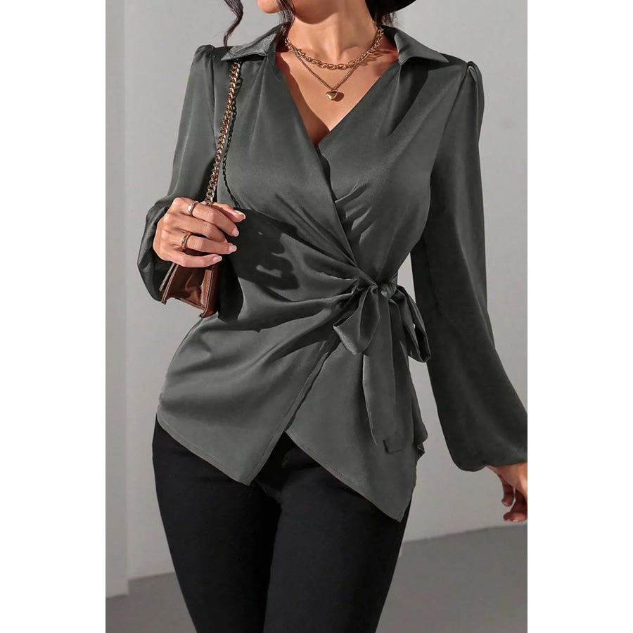 Satin Tied Detail Long Sleeve Blouse Dark Gray / S Apparel and Accessories