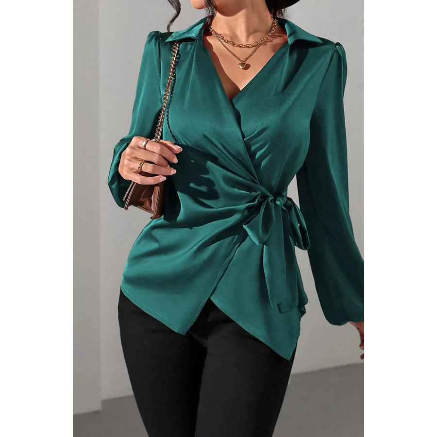 Satin Tied Detail Long Sleeve Blouse French Blue / S Apparel and Accessories