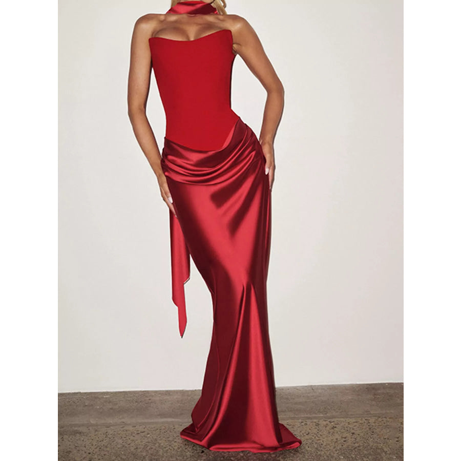 Satin Tube Maxi Dress with Scarf Apparel and Accessories