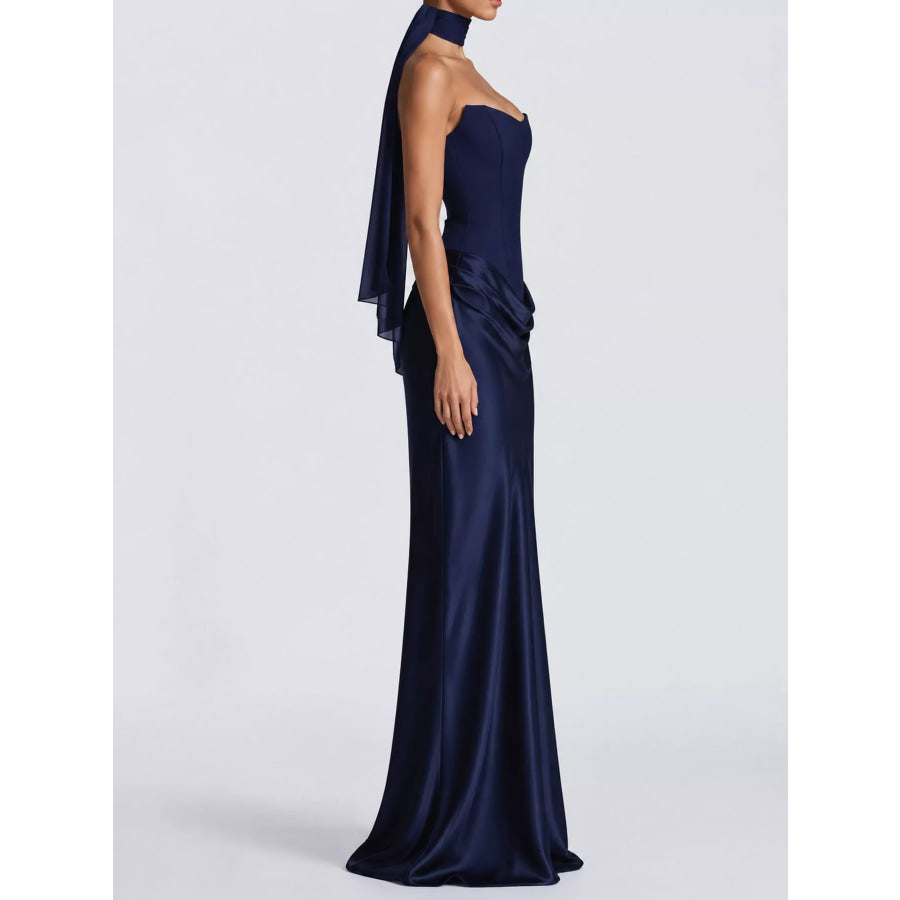 Satin Tube Maxi Dress with Scarf Apparel and Accessories