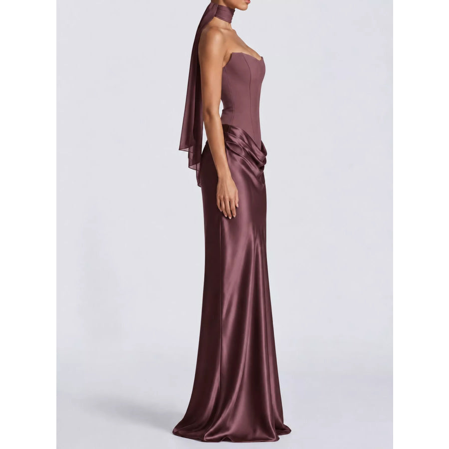 Satin Tube Maxi Dress with Scarf Apparel and Accessories