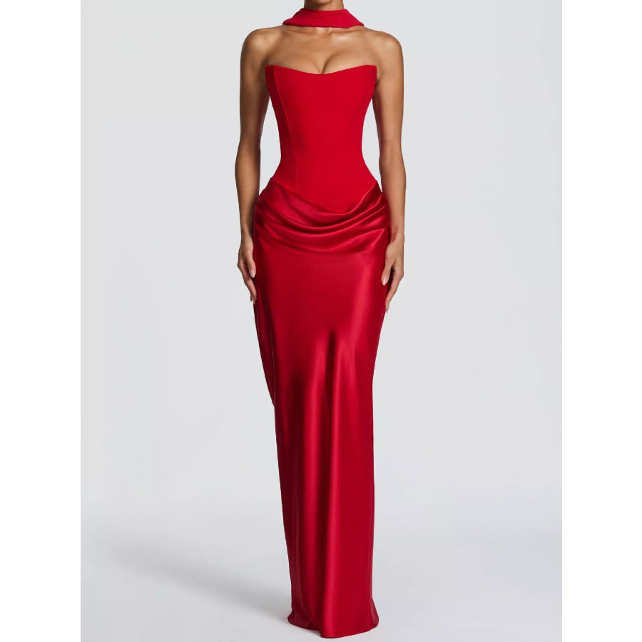 Satin Tube Maxi Dress with Scarf Apparel and Accessories