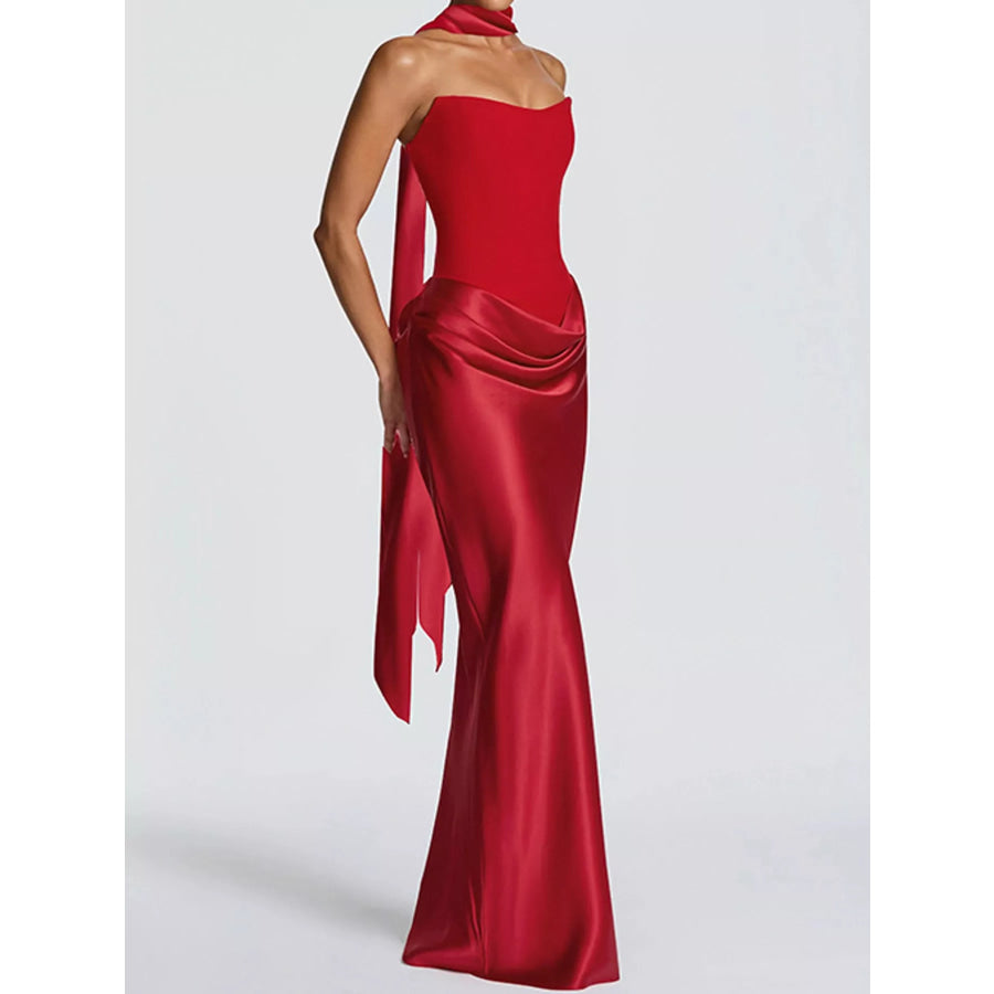 Satin Tube Maxi Dress with Scarf Apparel and Accessories