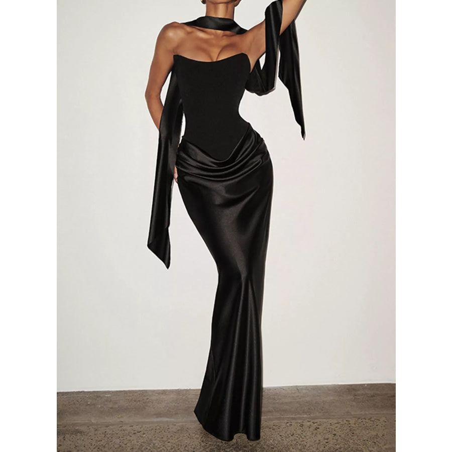 Satin Tube Maxi Dress with Scarf Black / XS Apparel and Accessories