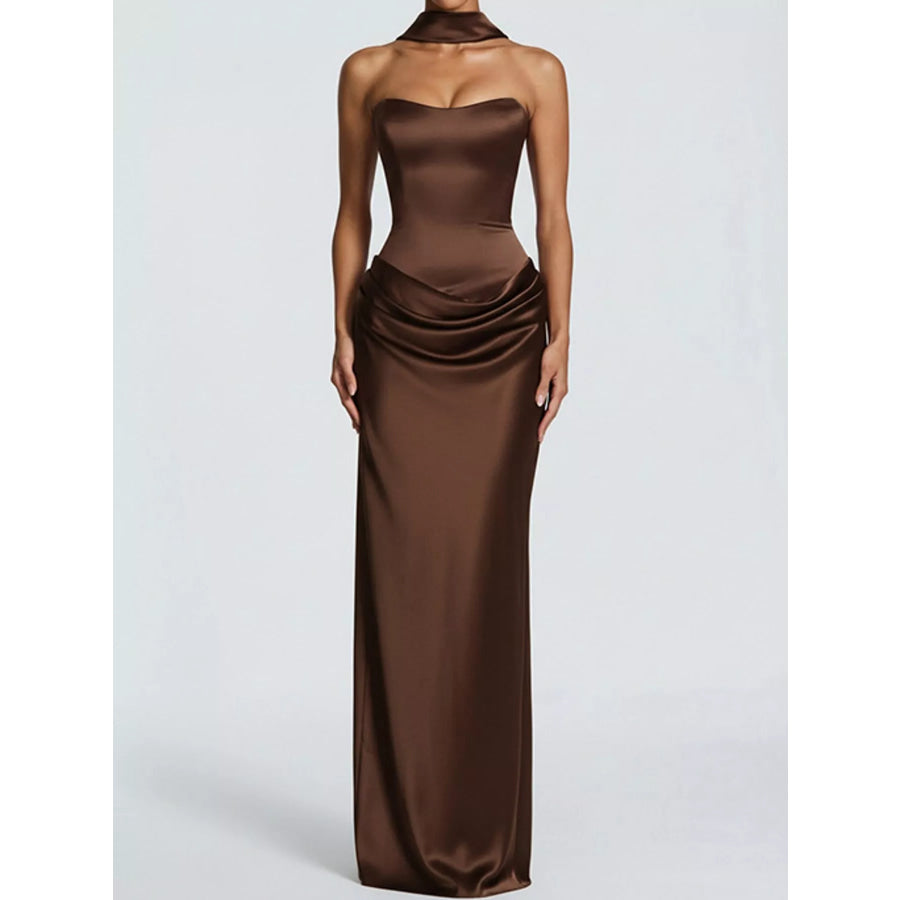 Satin Tube Maxi Dress with Scarf Brown / XS Apparel and Accessories