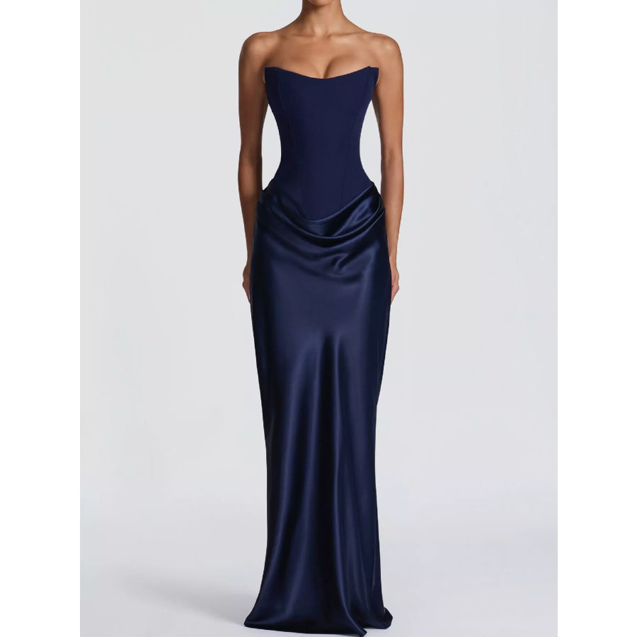 Satin Tube Maxi Dress with Scarf Dark Blue / XS Apparel and Accessories