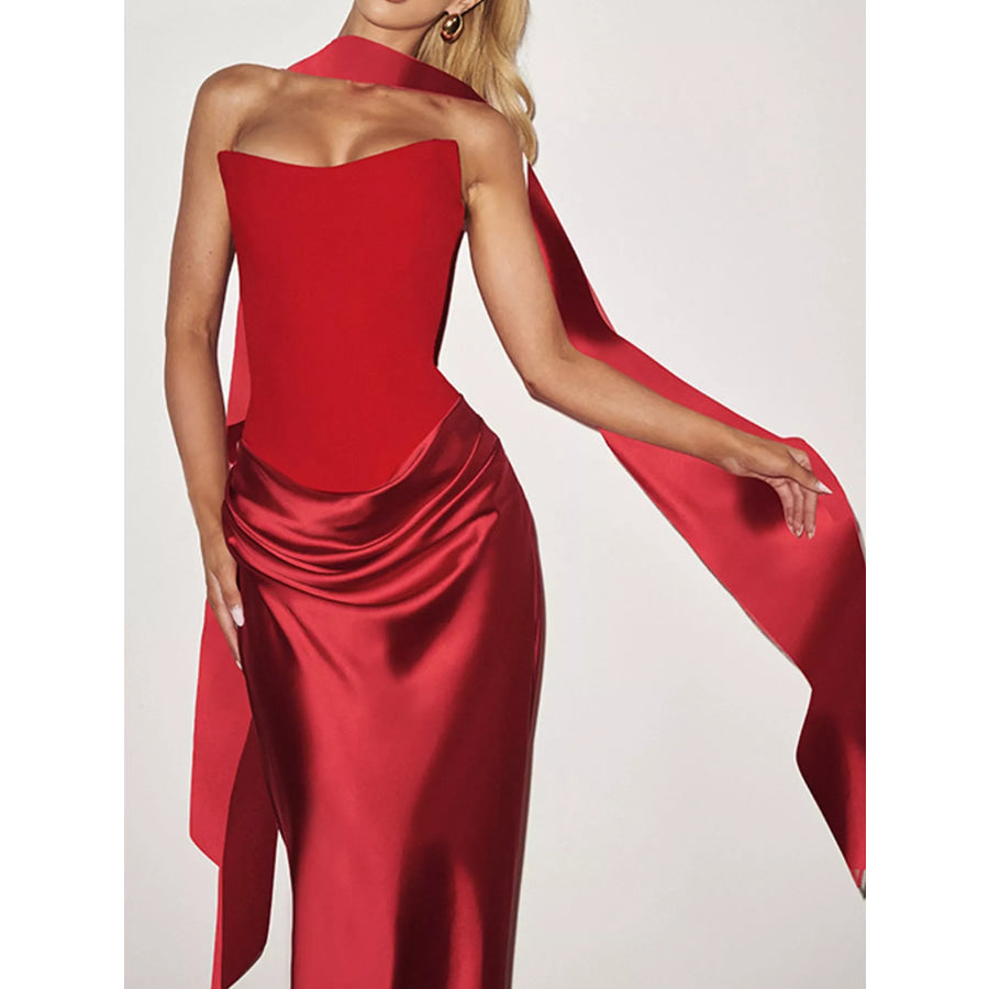 Satin Tube Maxi Dress with Scarf Red / XS Apparel and Accessories