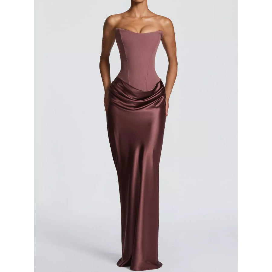 Satin Tube Maxi Dress with Scarf Reddish Brown / XS Apparel and Accessories