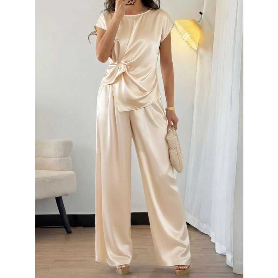 Satin Twist-Front Top and Wide-Leg Pants Set Apparel and Accessories