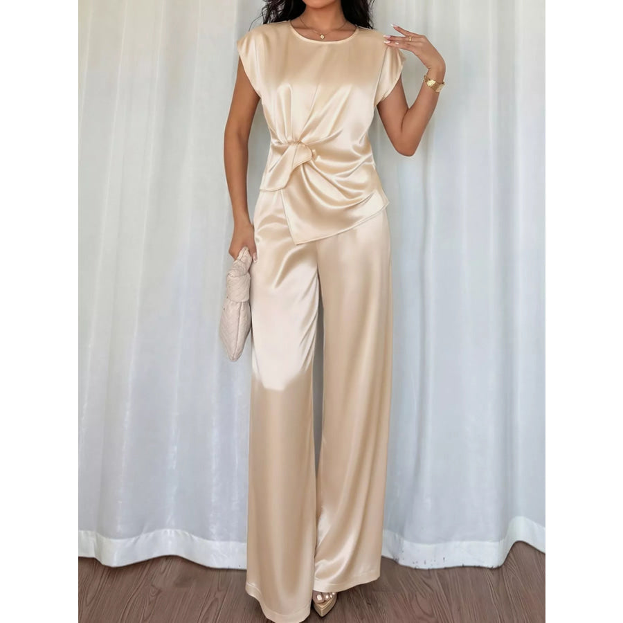 Satin Twist-Front Top and Wide-Leg Pants Set Apparel and Accessories