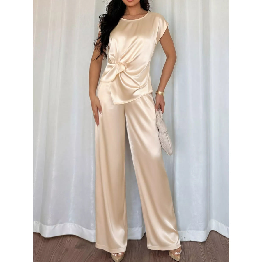 Satin Twist-Front Top and Wide-Leg Pants Set Apparel and Accessories