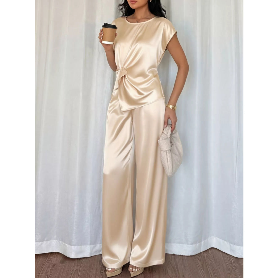 Satin Twist-Front Top and Wide-Leg Pants Set Apparel and Accessories
