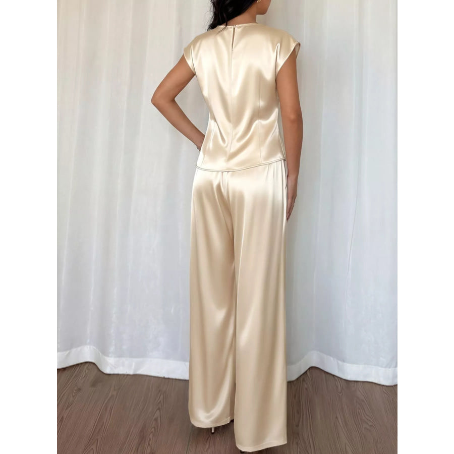 Satin Twist-Front Top and Wide-Leg Pants Set Apparel and Accessories