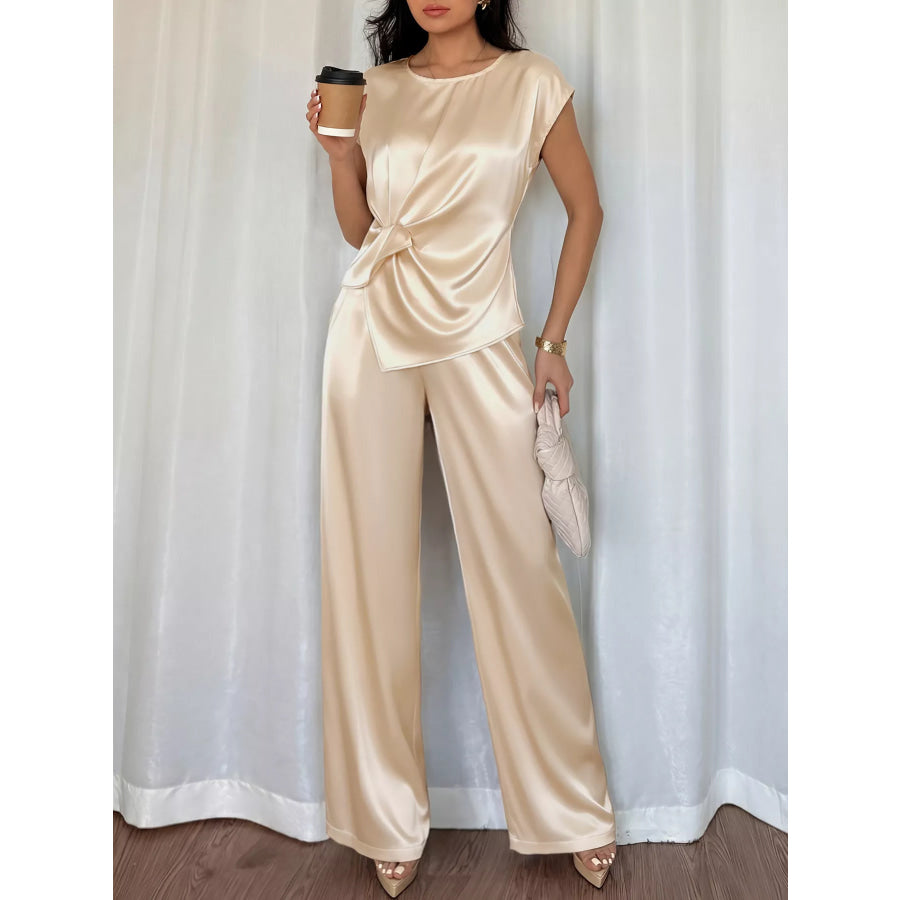 Satin Twist-Front Top and Wide-Leg Pants Set Beige / S Apparel and Accessories