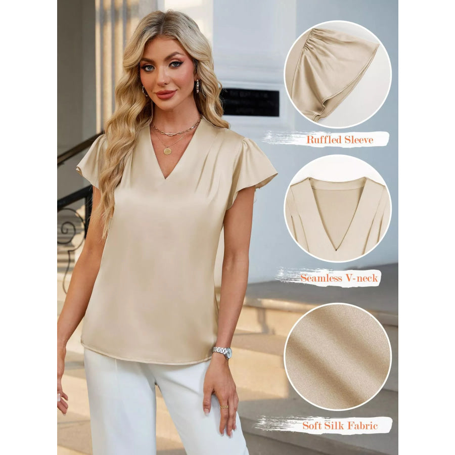 Satin V-Neck Flutter Sleeve Blouse Apparel and Accessories