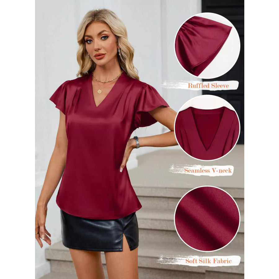 Satin V-Neck Flutter Sleeve Blouse Apparel and Accessories