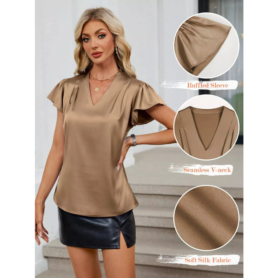 Satin V-Neck Flutter Sleeve Blouse Apparel and Accessories