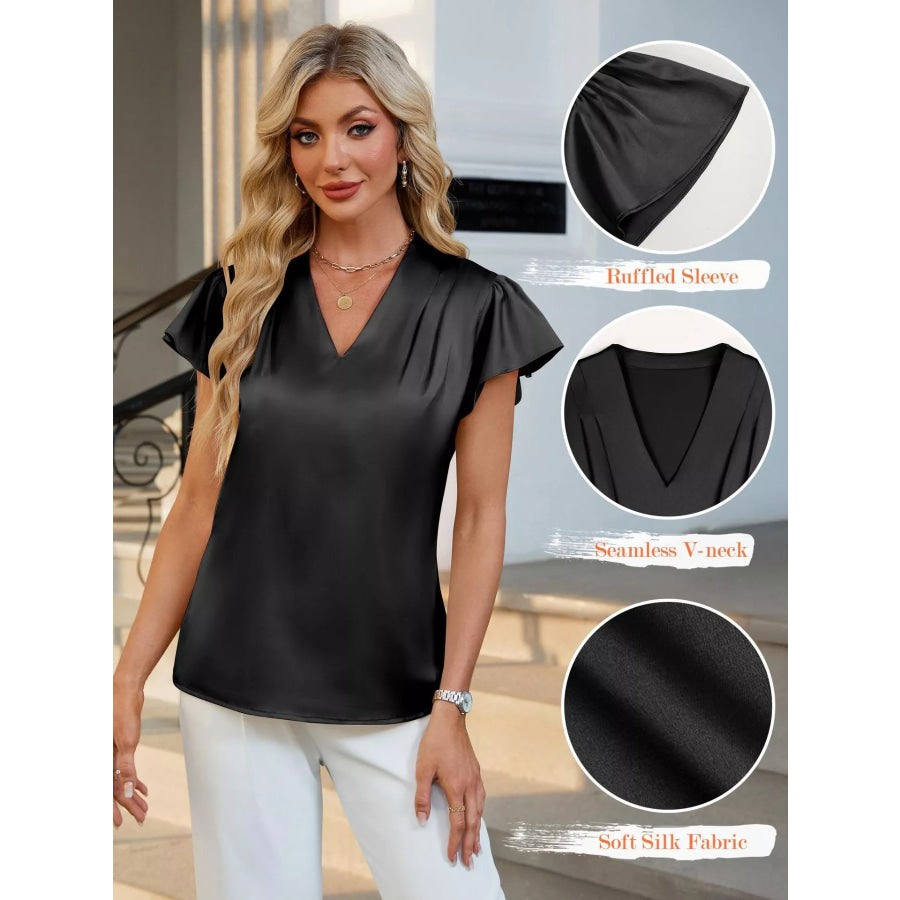 Satin V-Neck Flutter Sleeve Blouse Apparel and Accessories