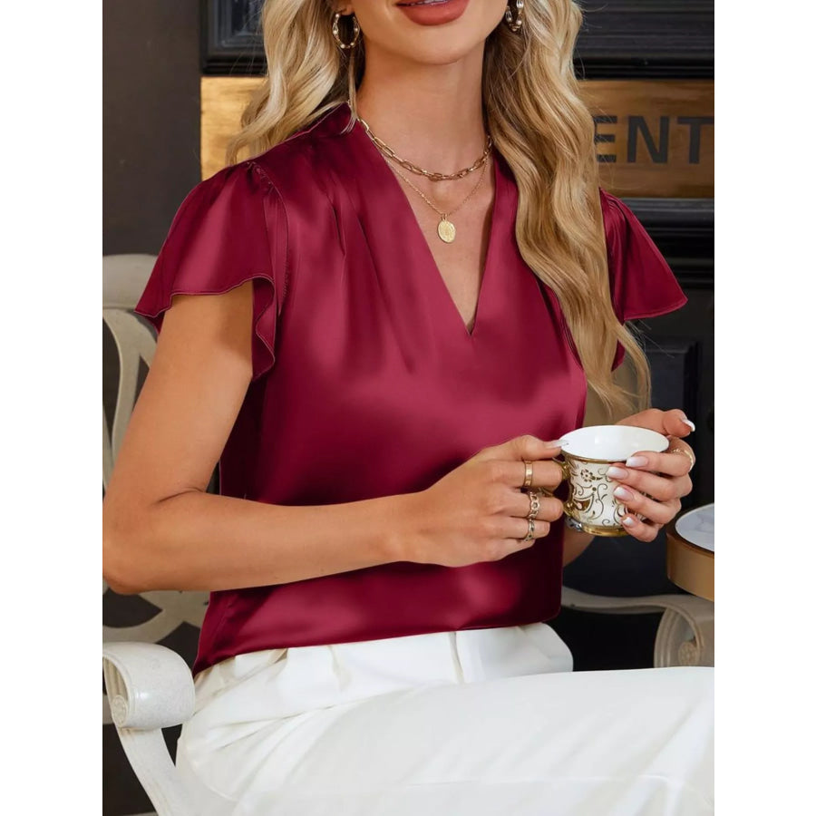 Satin V-Neck Flutter Sleeve Blouse Apparel and Accessories