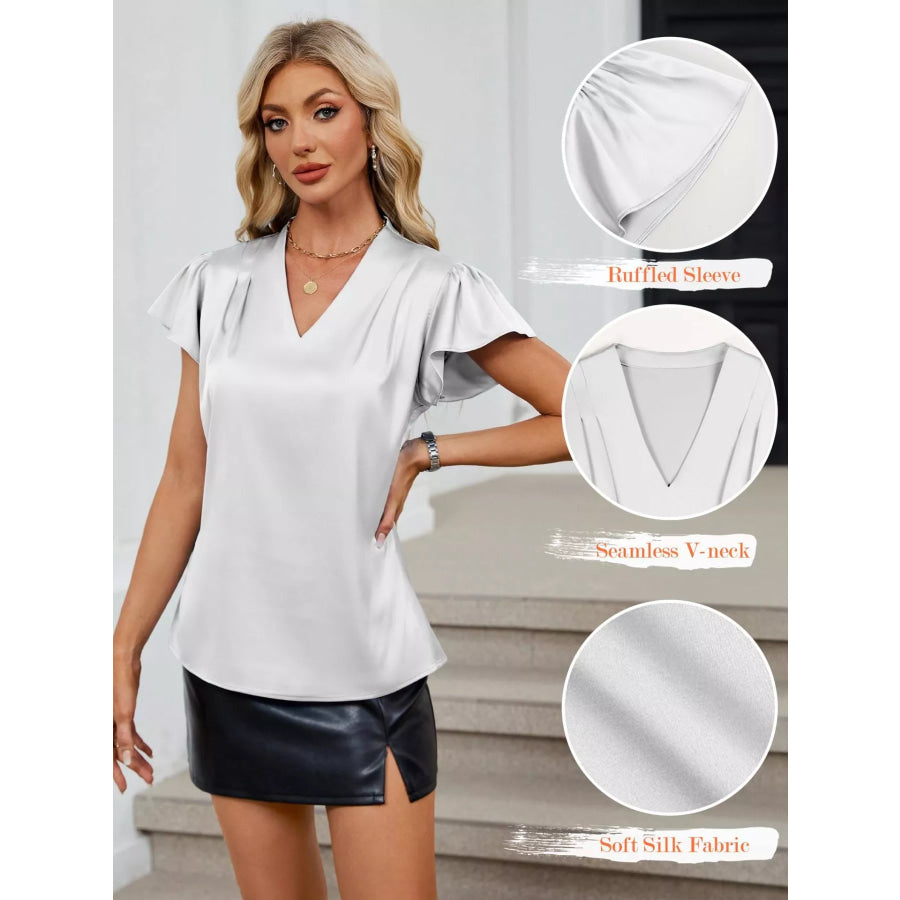 Satin V-Neck Flutter Sleeve Blouse Apparel and Accessories