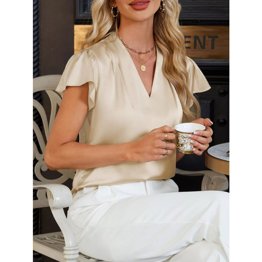 Satin V-Neck Flutter Sleeve Blouse Apparel and Accessories
