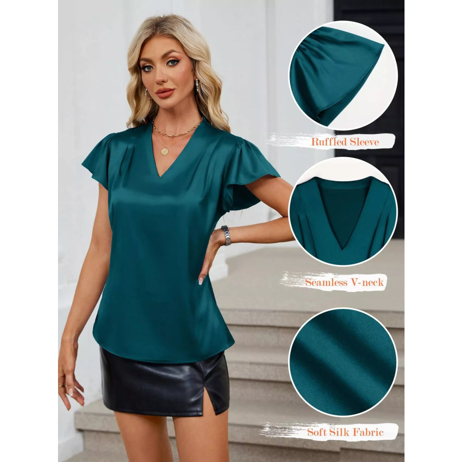Satin V-Neck Flutter Sleeve Blouse Apparel and Accessories