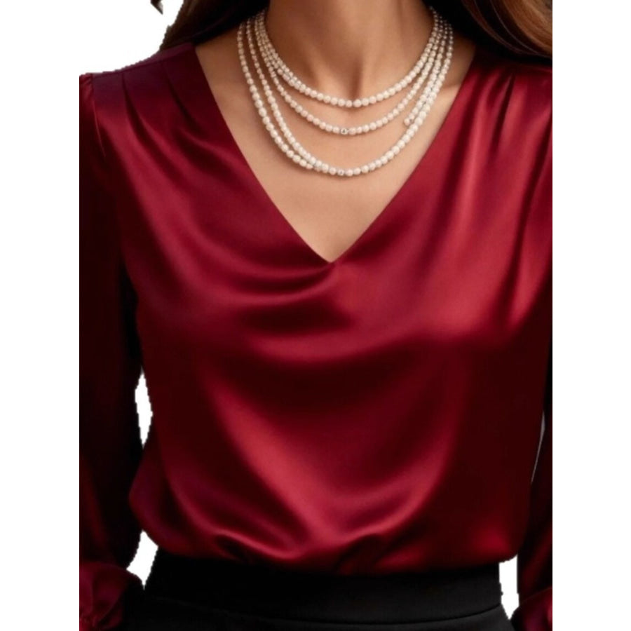 Satin V-Neck Long Sleeve Blouse Apparel and Accessories
