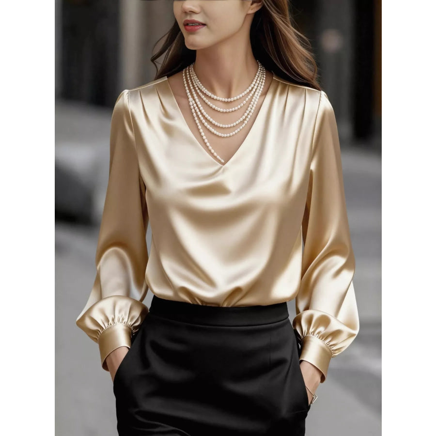 Satin V-Neck Long Sleeve Blouse Apricot / S Apparel and Accessories