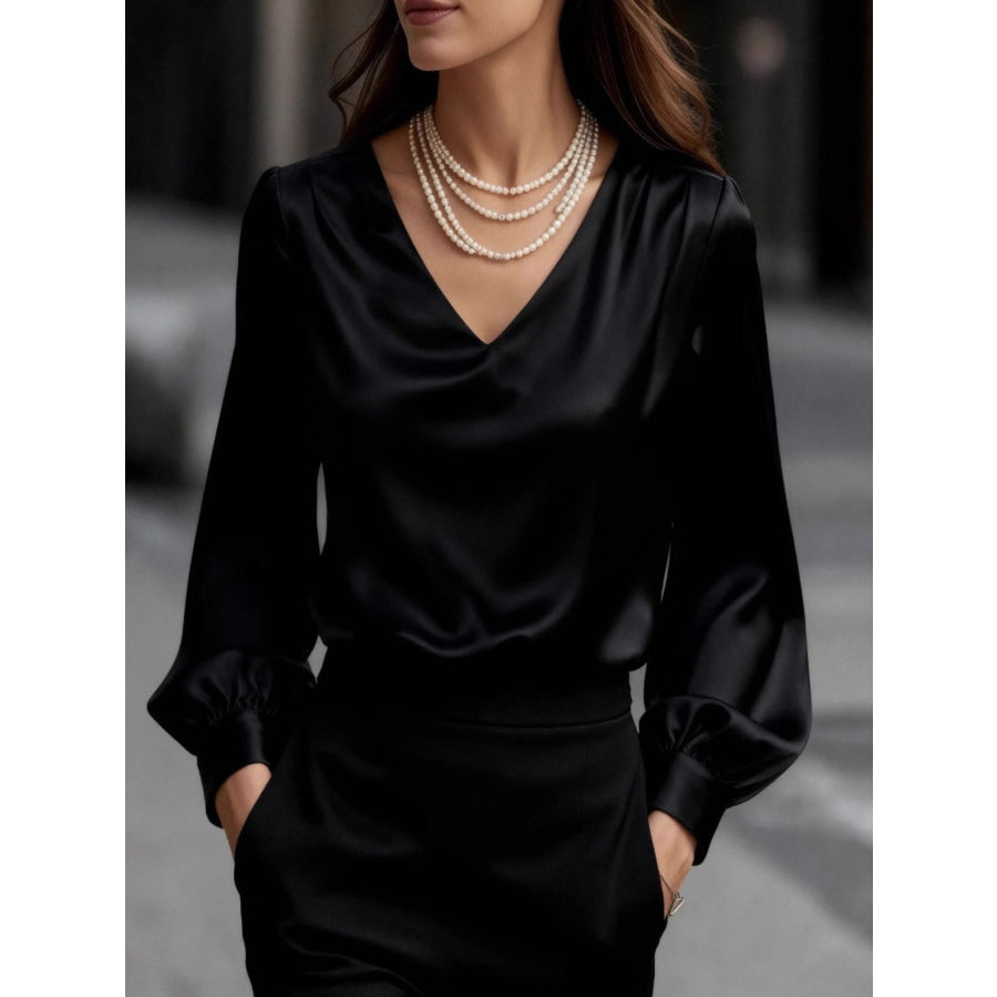 Satin V-Neck Long Sleeve Blouse Black / S Apparel and Accessories