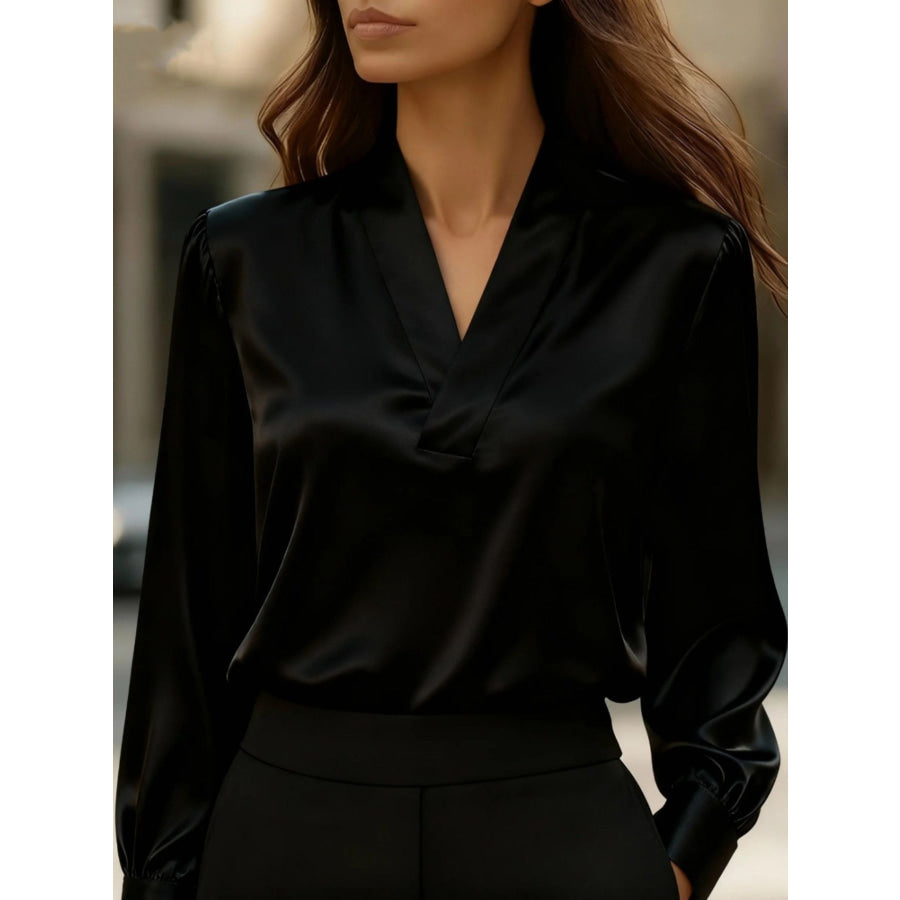 Satin V-Neck Long Sleeve Blouse Black / S Apparel and Accessories