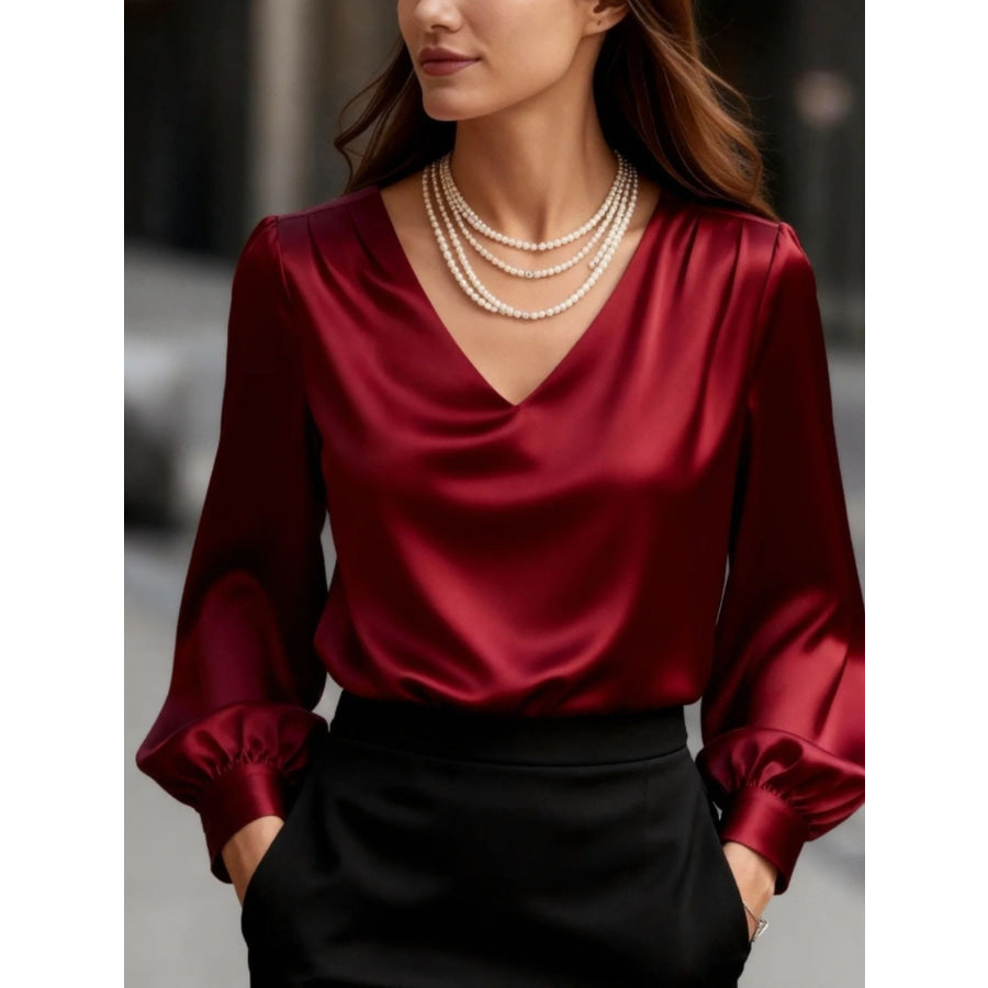 Satin V-Neck Long Sleeve Blouse Red / S Apparel and Accessories
