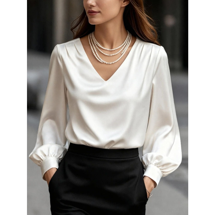 Satin V-Neck Long Sleeve Blouse White / S Apparel and Accessories