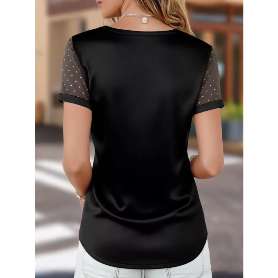 Satin V-Neck Sheer Short Sleeve Top Apparel and Accessories