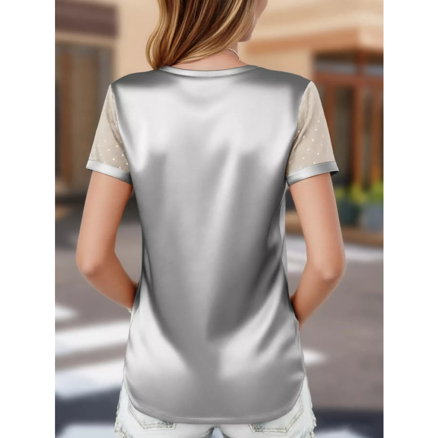 Satin V-Neck Sheer Short Sleeve Top Apparel and Accessories