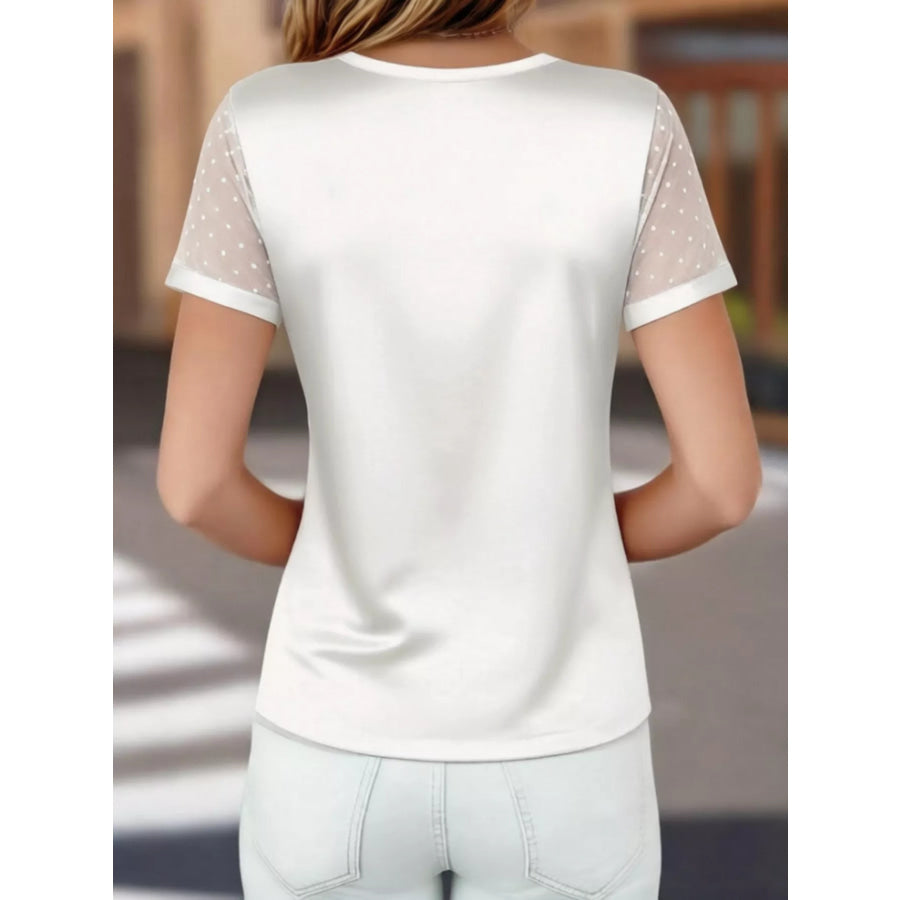Satin V-Neck Sheer Short Sleeve Top Apparel and Accessories