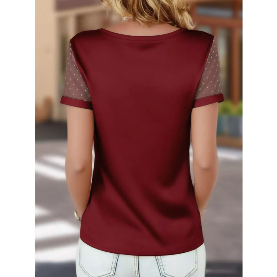 Satin V-Neck Sheer Short Sleeve Top Apparel and Accessories