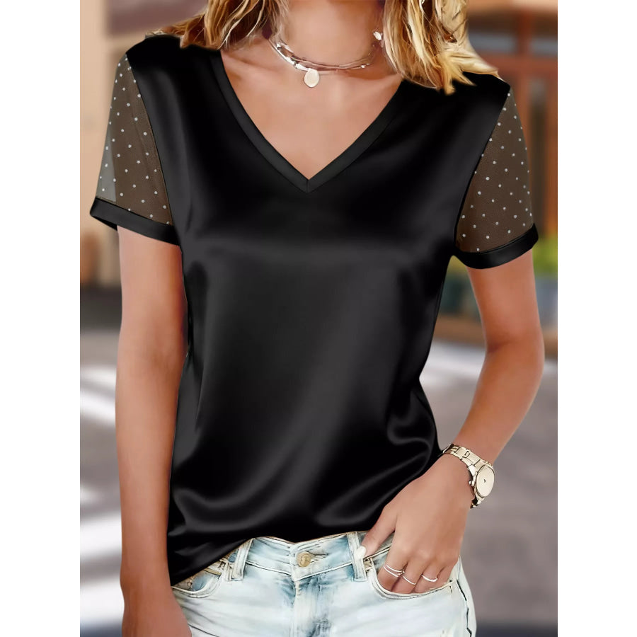 Satin V-Neck Sheer Short Sleeve Top Black / S Apparel and Accessories