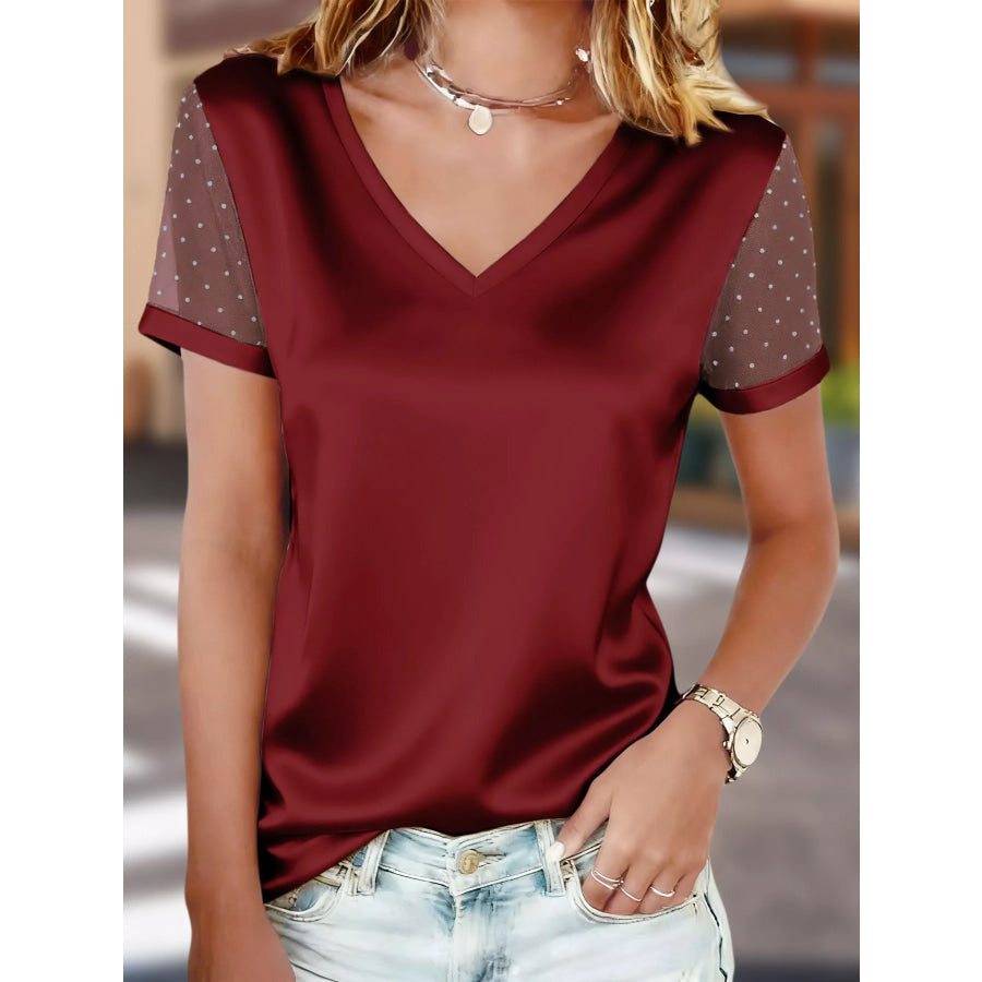 Satin V-Neck Sheer Short Sleeve Top Wine Red / S Apparel and Accessories