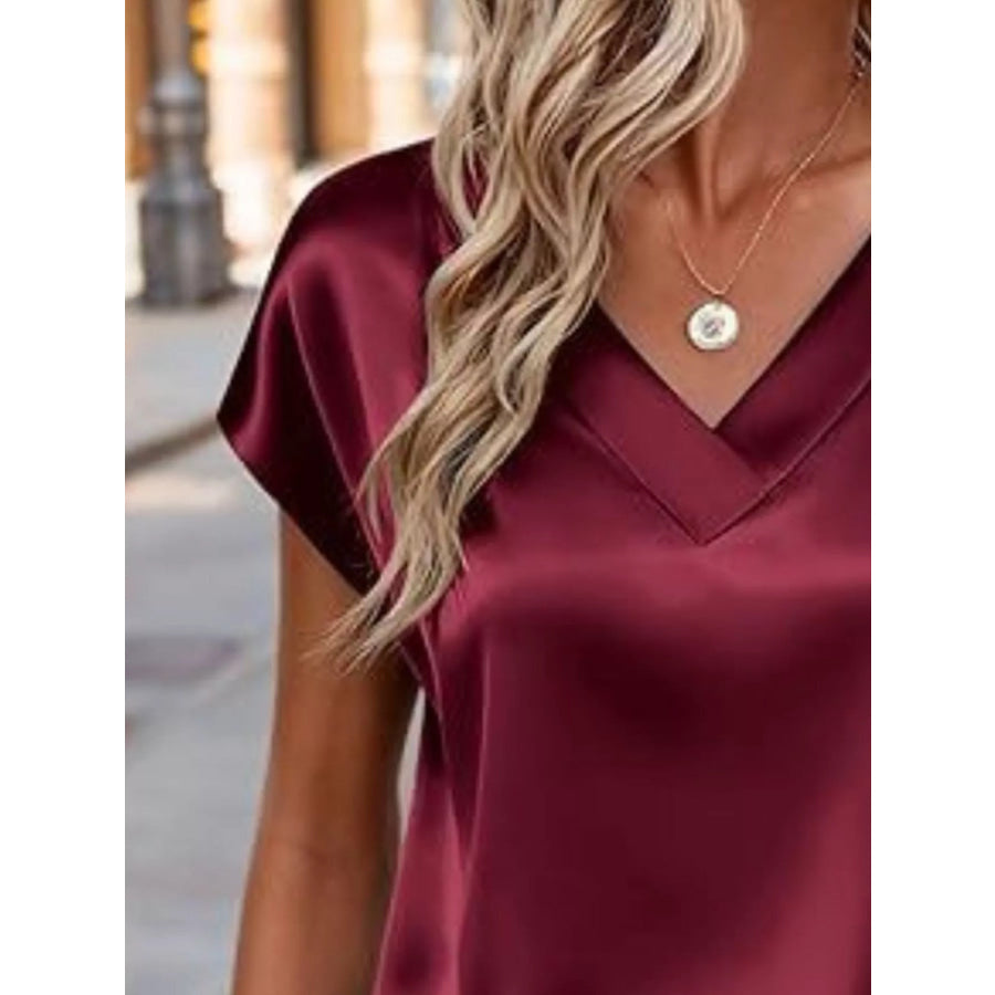 Satin V-Neck Short Sleeve Blouse Apparel and Accessories