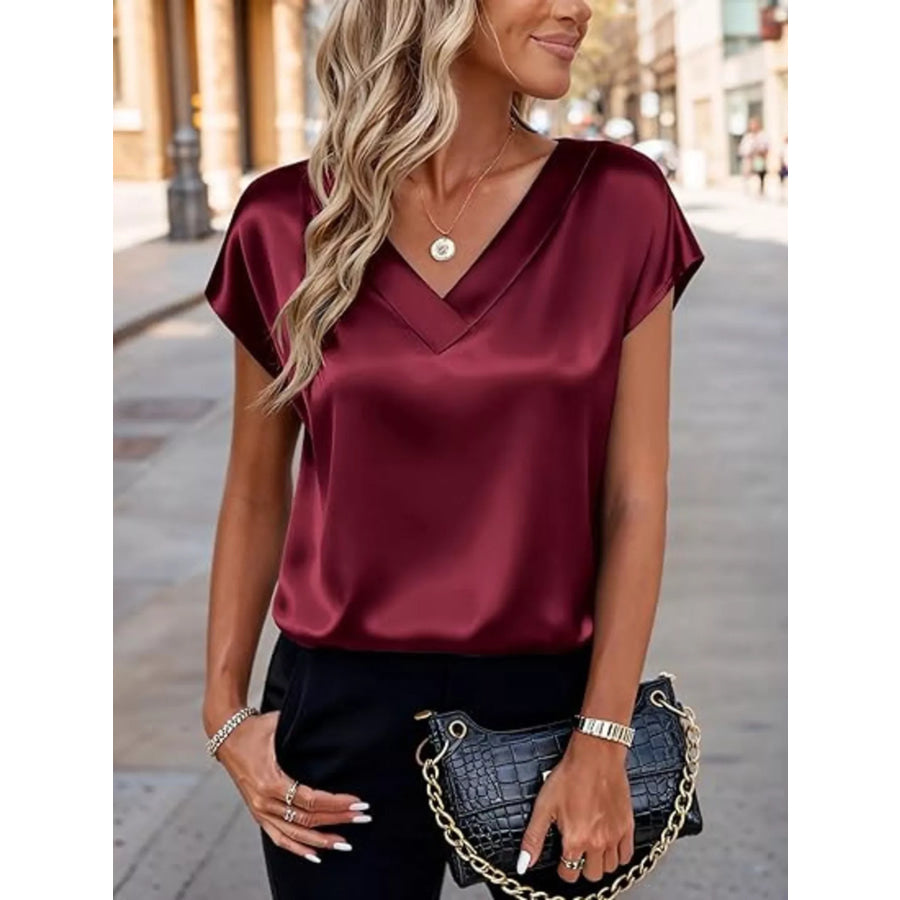 Satin V-Neck Short Sleeve Blouse Apparel and Accessories