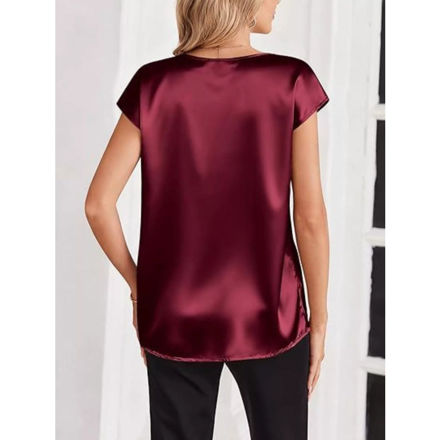Satin V-Neck Short Sleeve Blouse Apparel and Accessories