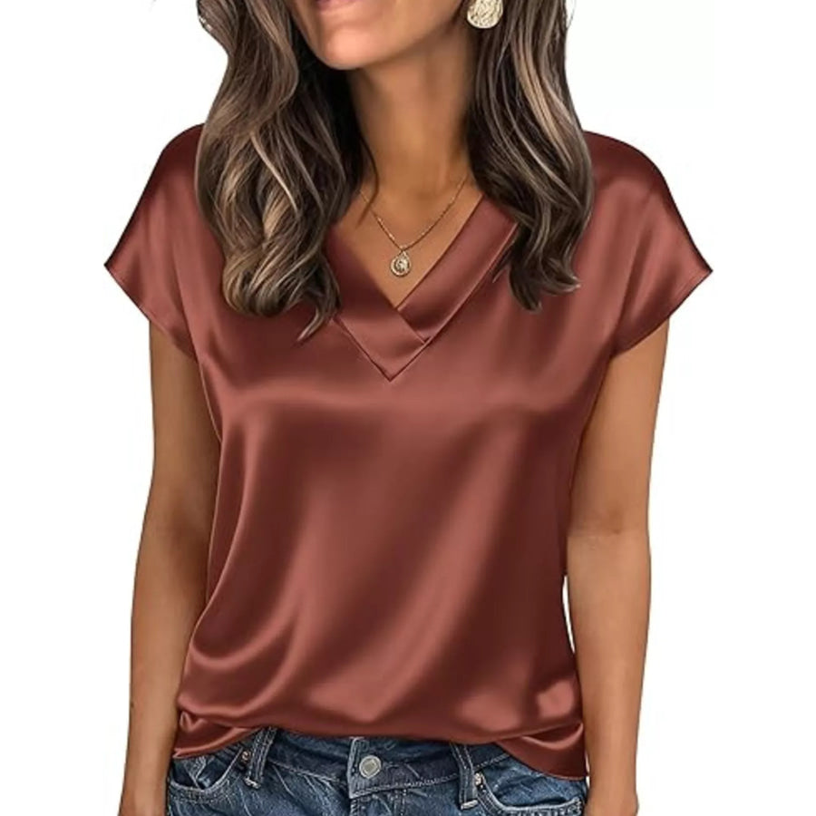 Satin V-Neck Short Sleeve Blouse Brown / S Apparel and Accessories