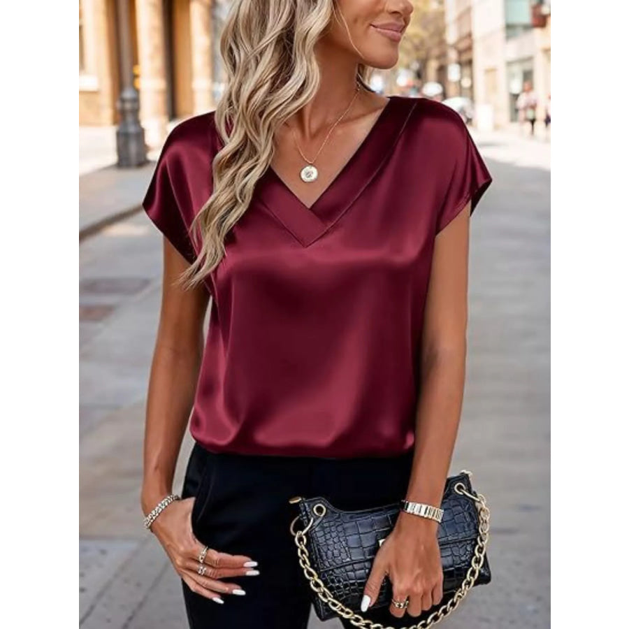 Satin V-Neck Short Sleeve Blouse Burgundy / S Apparel and Accessories