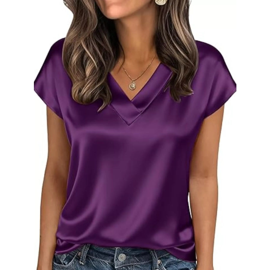 Satin V-Neck Short Sleeve Blouse Purple / S Apparel and Accessories