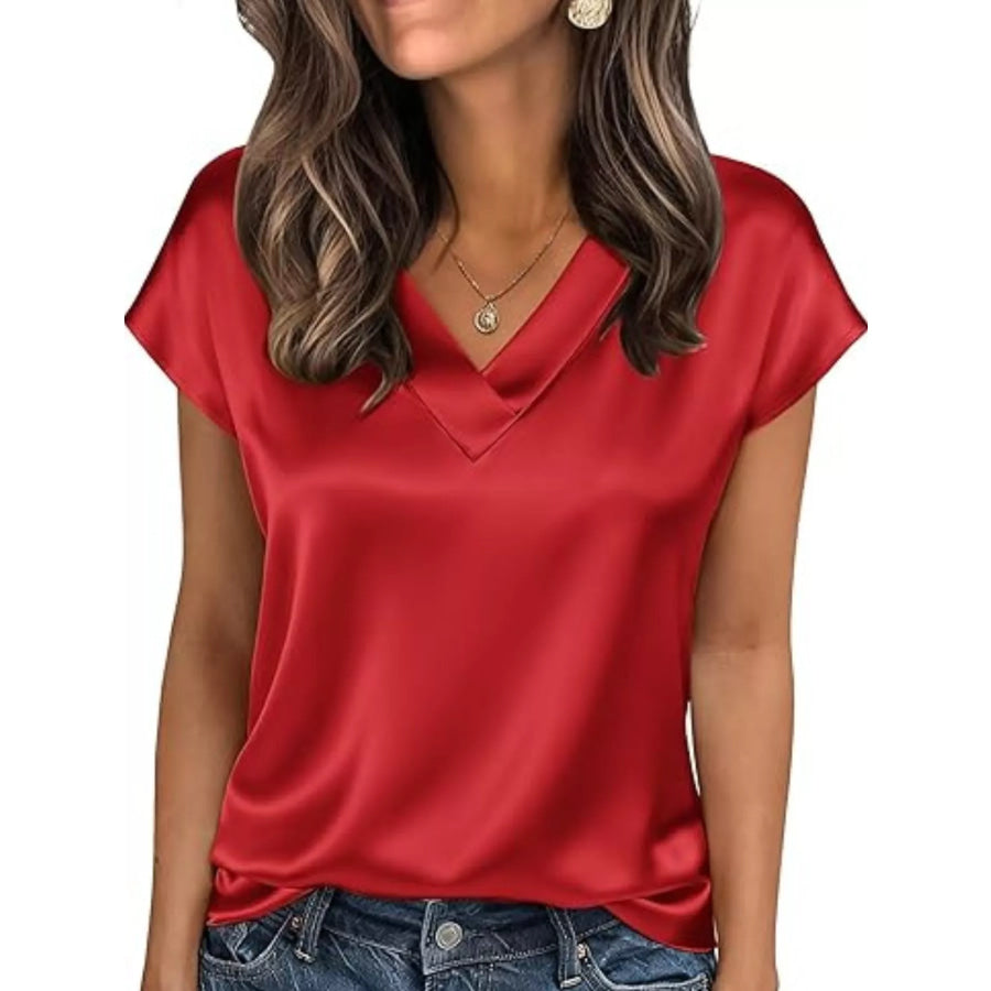 Satin V-Neck Short Sleeve Blouse Red / S Apparel and Accessories